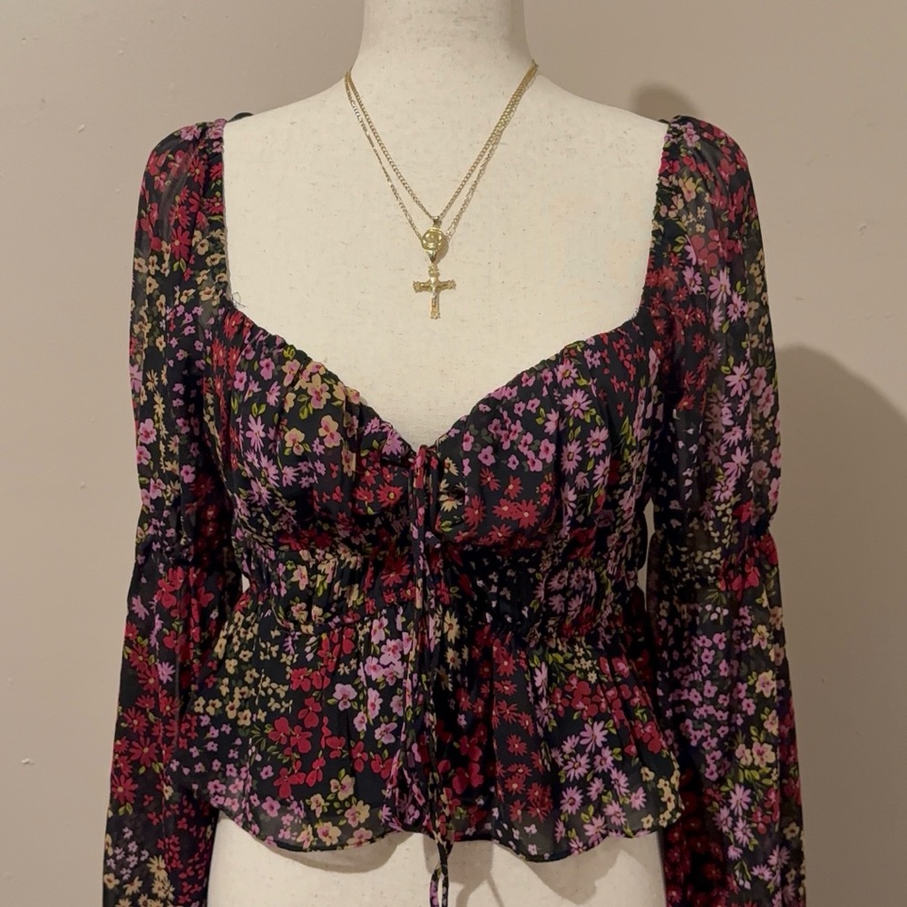 Astr Black and Pink Floral Blouse